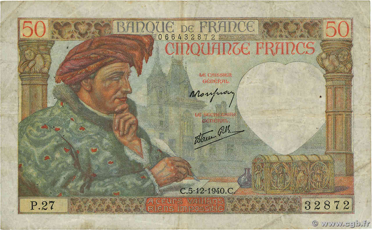 50 Francs JACQUES CŒUR FRANCE  1940 F.19.04 TB