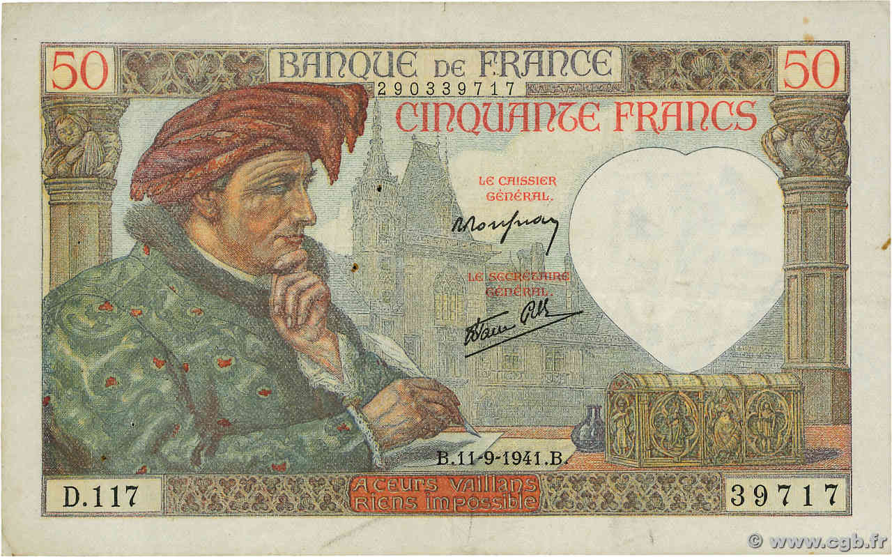 50 Francs JACQUES CŒUR FRANCE  1941 F.19.14 pr.TTB