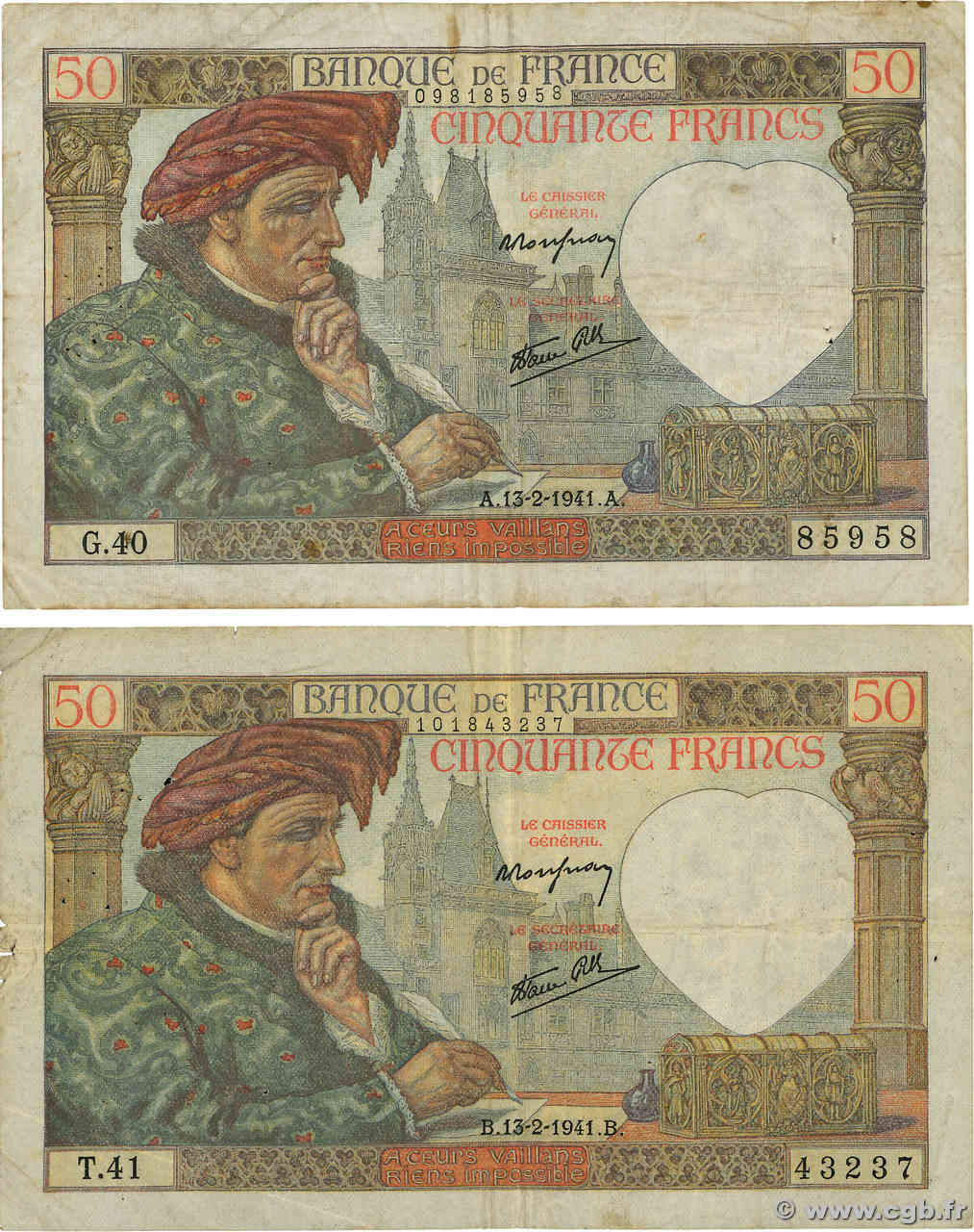 50 Francs JACQUES CŒUR Lot FRANCE  1941 F.19.06 TB