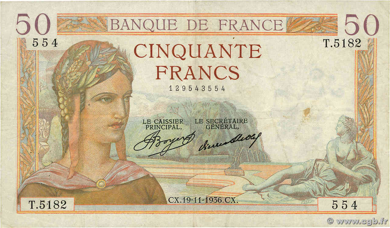 50 Francs CÉRÈS FRANCE  1936 F.17.31 pr.TTB