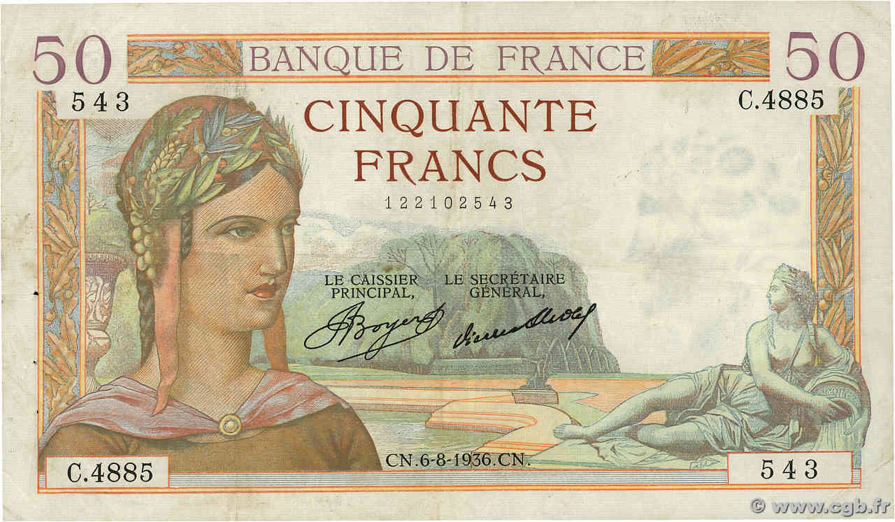 50 Francs CÉRÈS FRANCE  1936 F.17.29 VF-