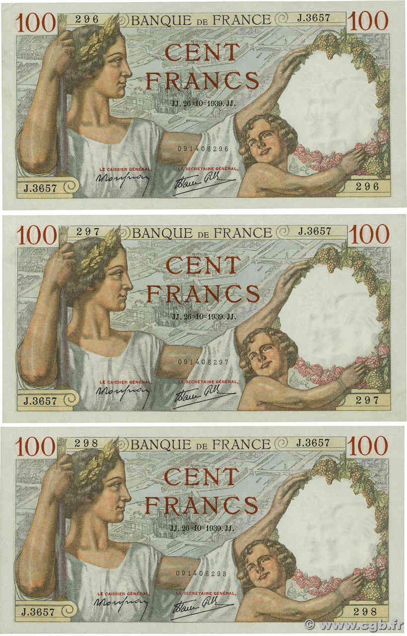 100 Francs SULLY Consécutifs FRANCE  1939 F.26.12 AU+