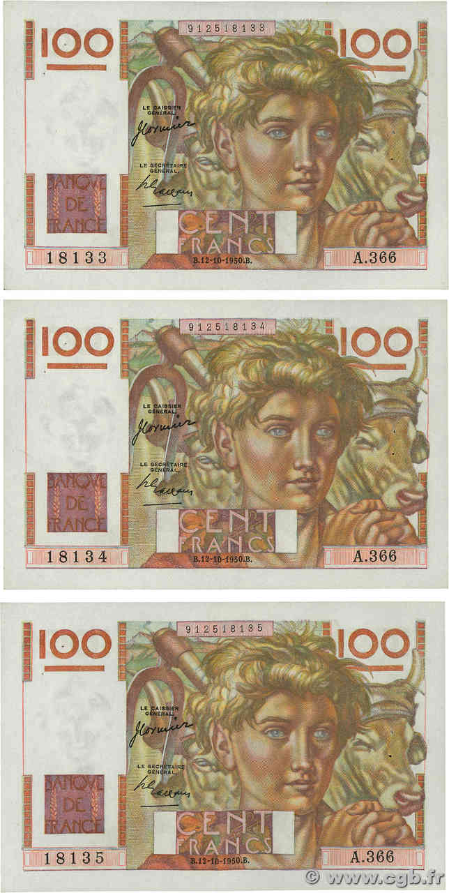 100 Francs JEUNE PAYSAN Consécutifs FRANCIA  1950 F.28.27 SPL