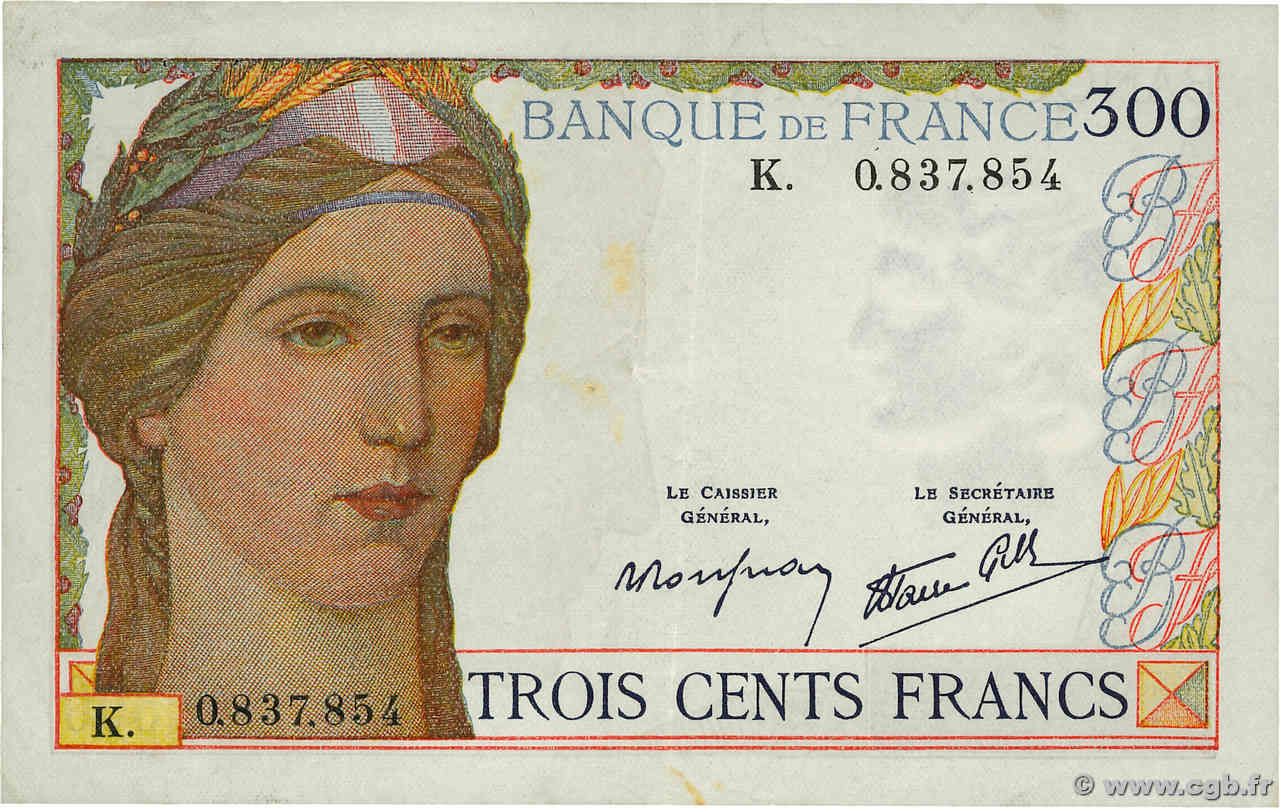 300 Francs FRANCE  1938 F.29.01 VF