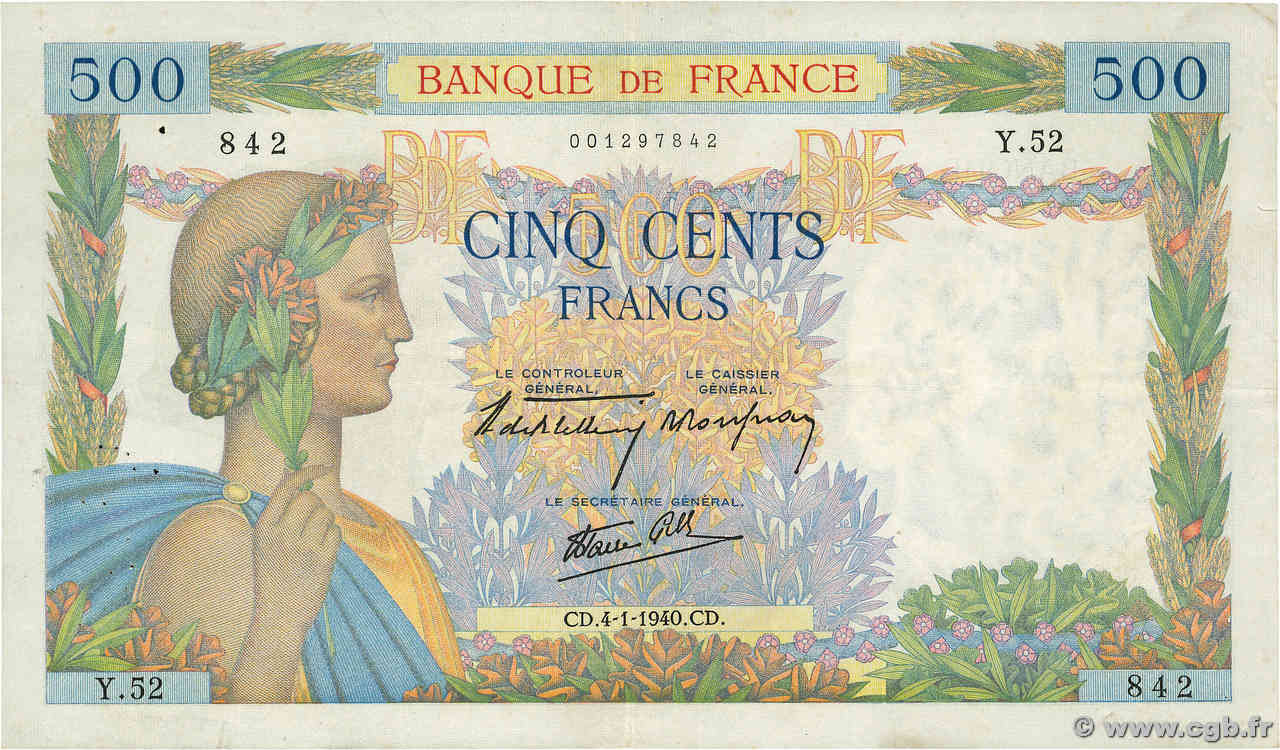 500 Francs LA PAIX FRANCE  1940 F.32.01 pr.TTB