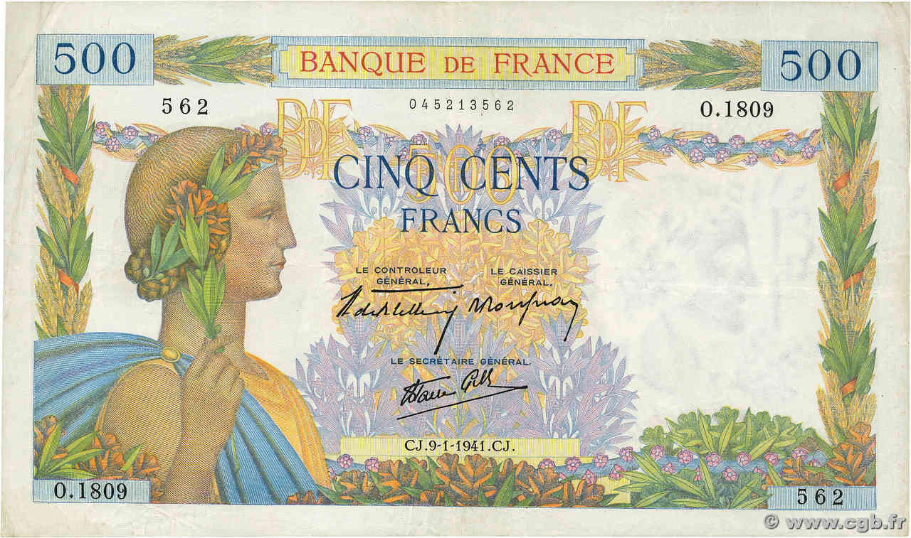 500 Francs LA PAIX FRANCE  1941 F.32.12 F+