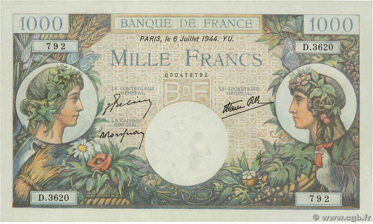 1000 Francs COMMERCE ET INDUSTRIE FRANCE  1944 F.39.10 UNC-