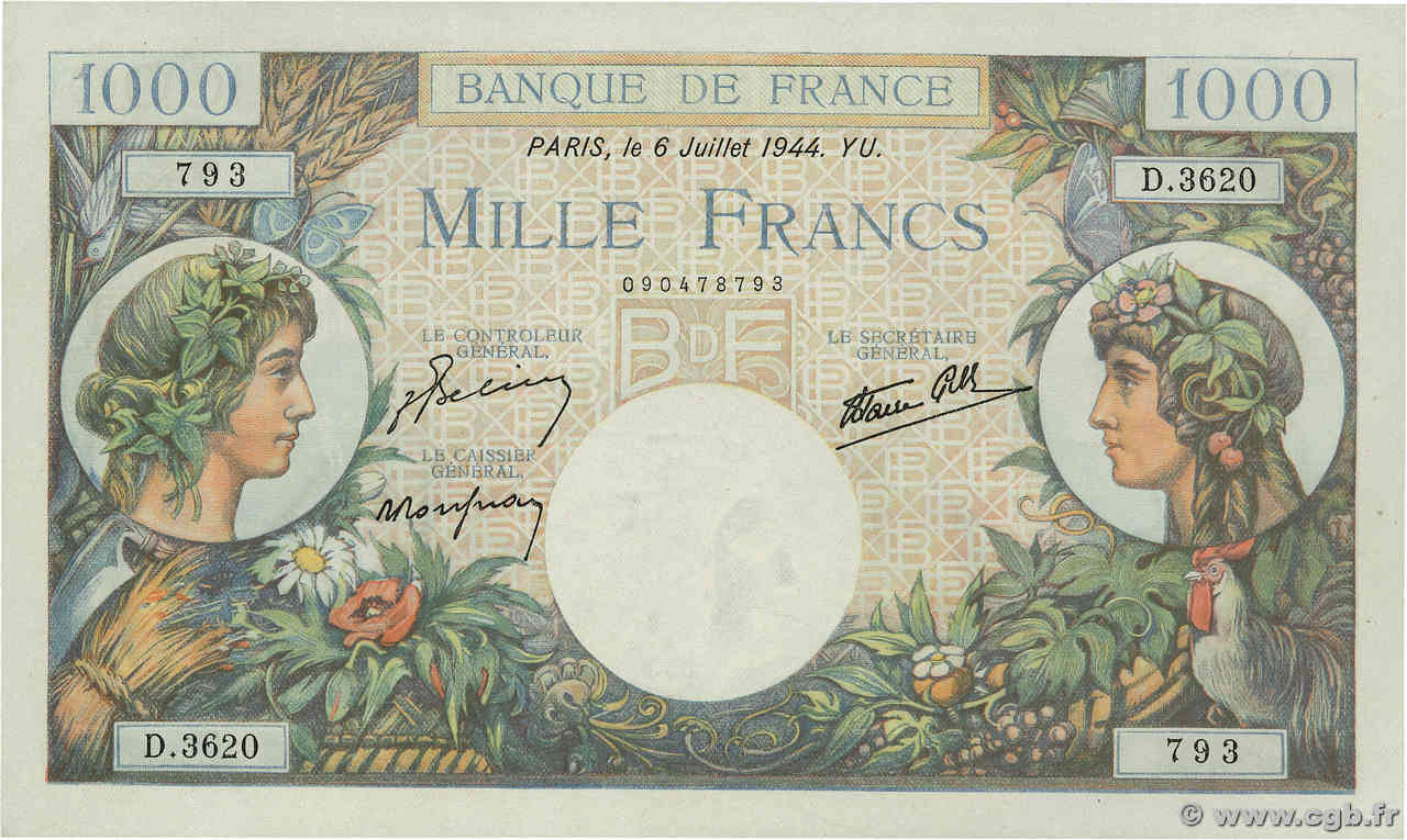 1000 Francs COMMERCE ET INDUSTRIE FRANCIA  1944 F.39.10 SC+