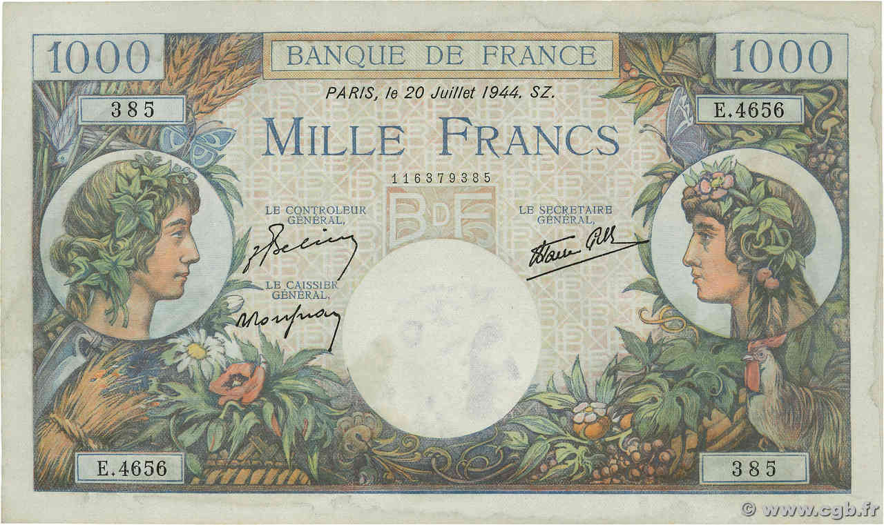 1000 Francs COMMERCE ET INDUSTRIE FRANCIA  1944 F.39.12 EBC+