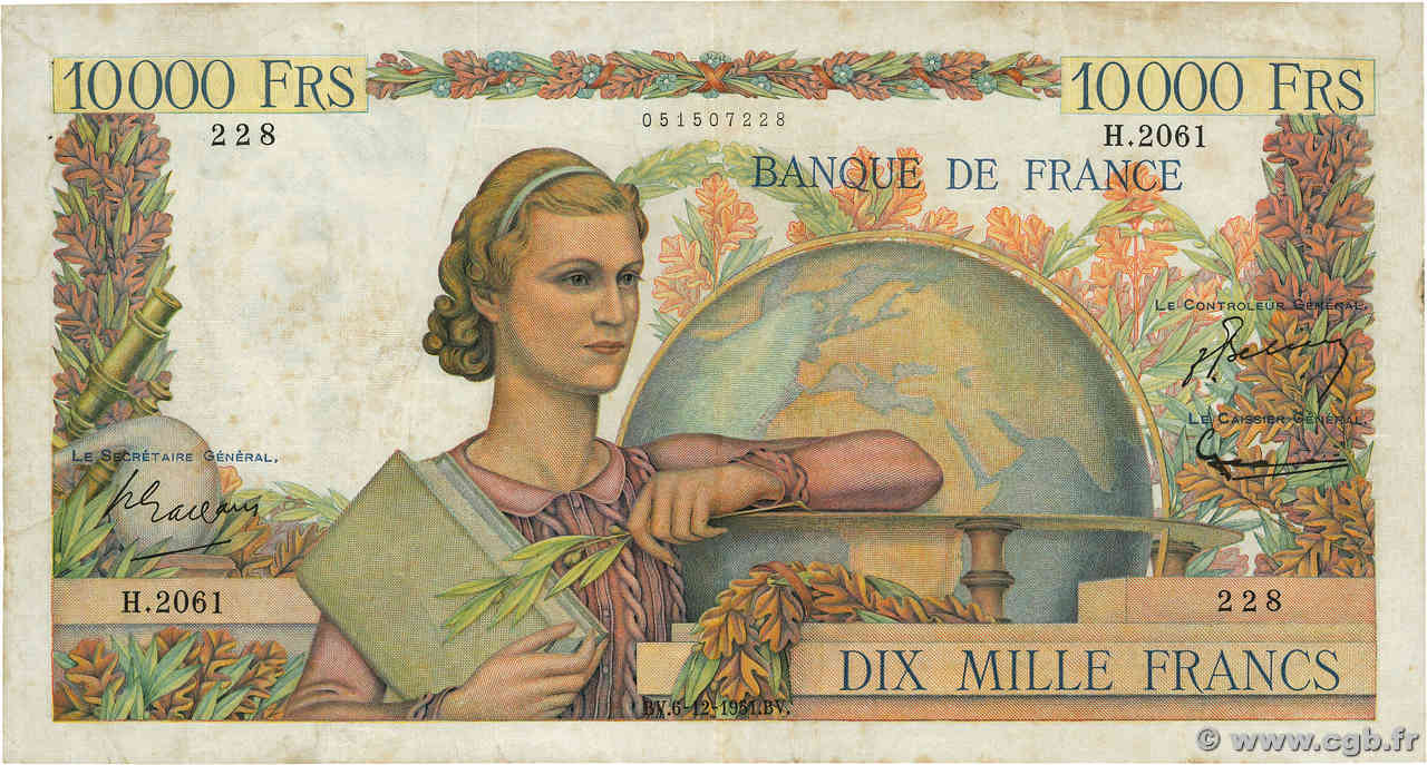 10000 Francs GÉNIE FRANÇAIS FRANCIA  1951 F.50.55 BC+