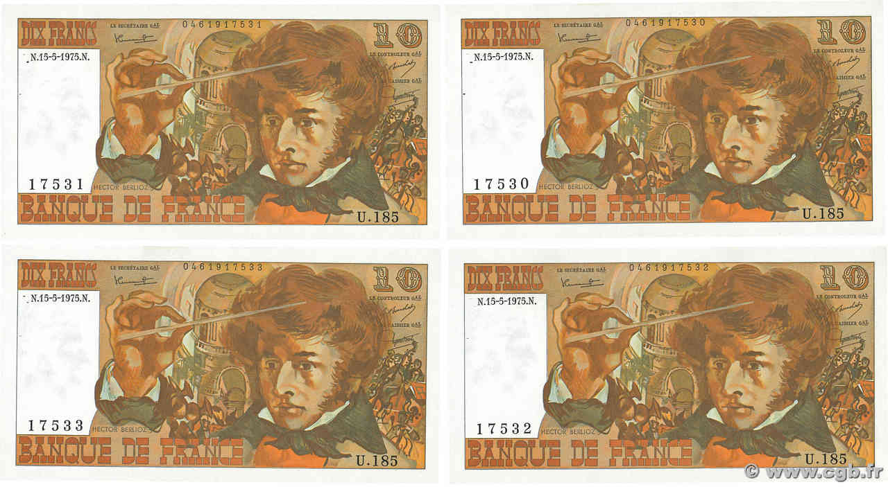 10 Francs BERLIOZ Consécutifs FRANCE  1975 F.63.10 XF+