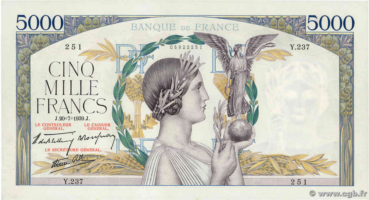 5000 Francs VICTOIRE Impression à plat FRANKREICH  1939 F.46.08 fST