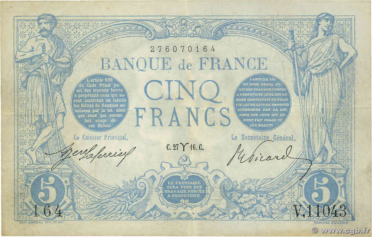 5 Francs BLEU FRANKREICH  1916 F.02.37 fSS