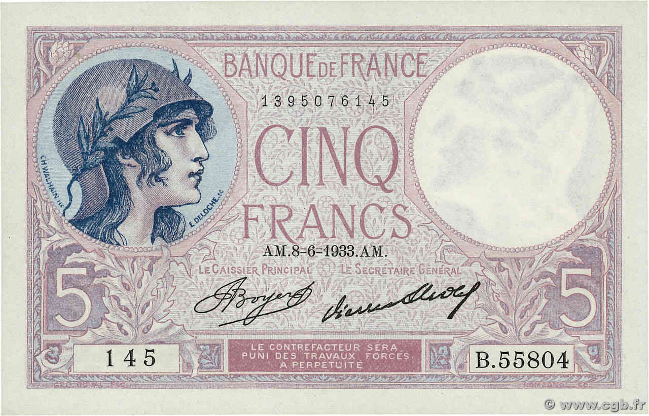 5 Francs FEMME CASQUÉE FRANCE  1933 F.03.17 NEUF