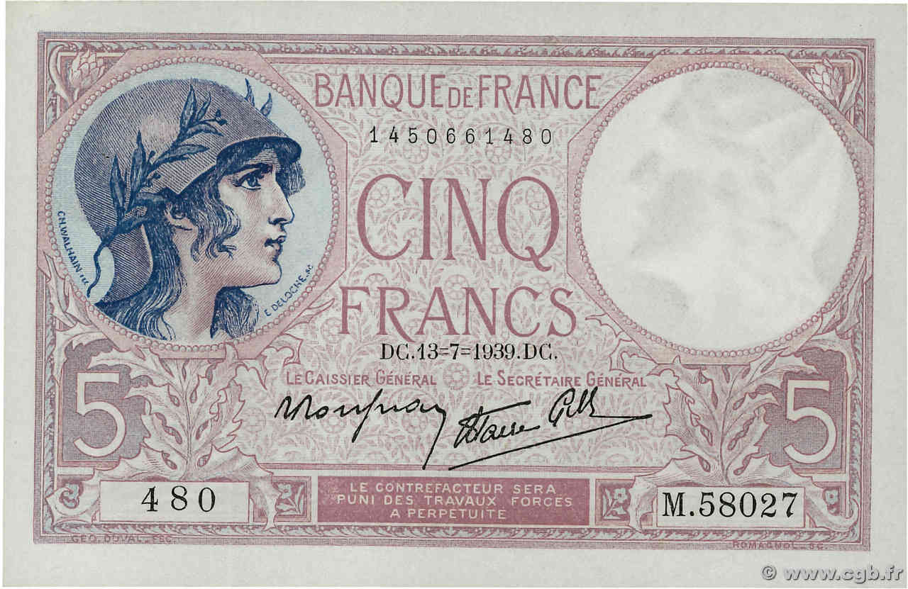 5 Francs FEMME CASQUÉE modifié FRANCE  1939 F.04.01 SPL