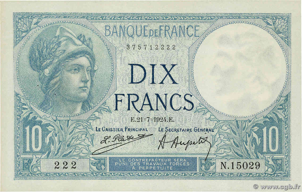 10 Francs MINERVE FRANCIA  1924 F.06.08 AU