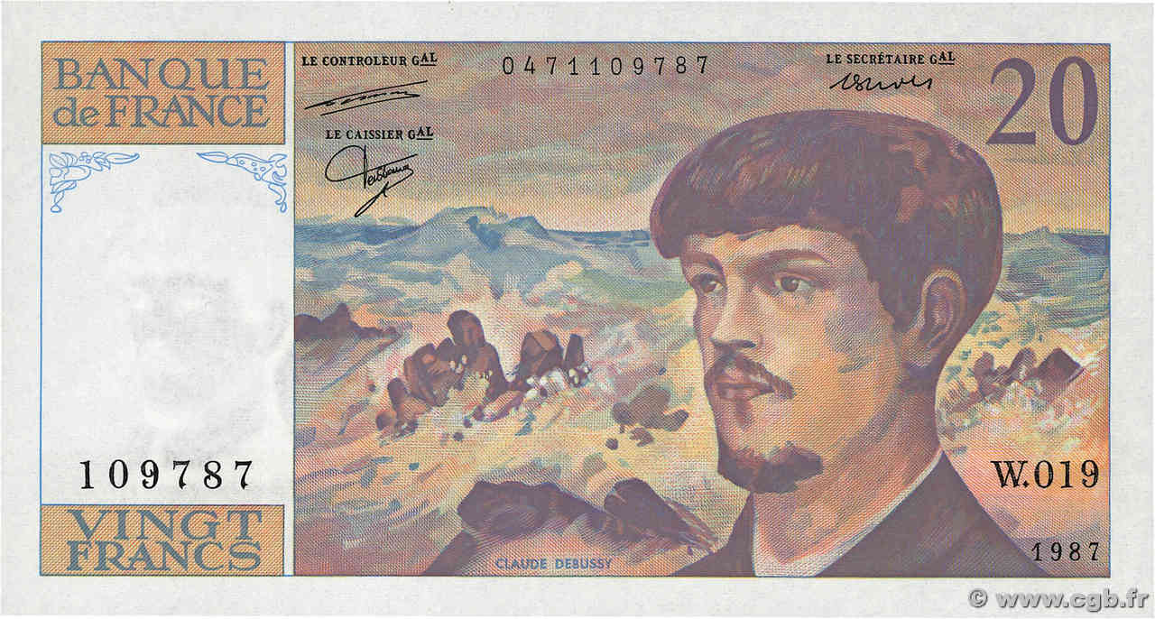 20 Francs DEBUSSY FRANCIA  1987 F.66.08W19 AU+