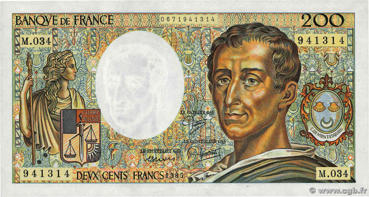 200 Francs MONTESQUIEU FRANCE  1985 F.70.05 UNC-