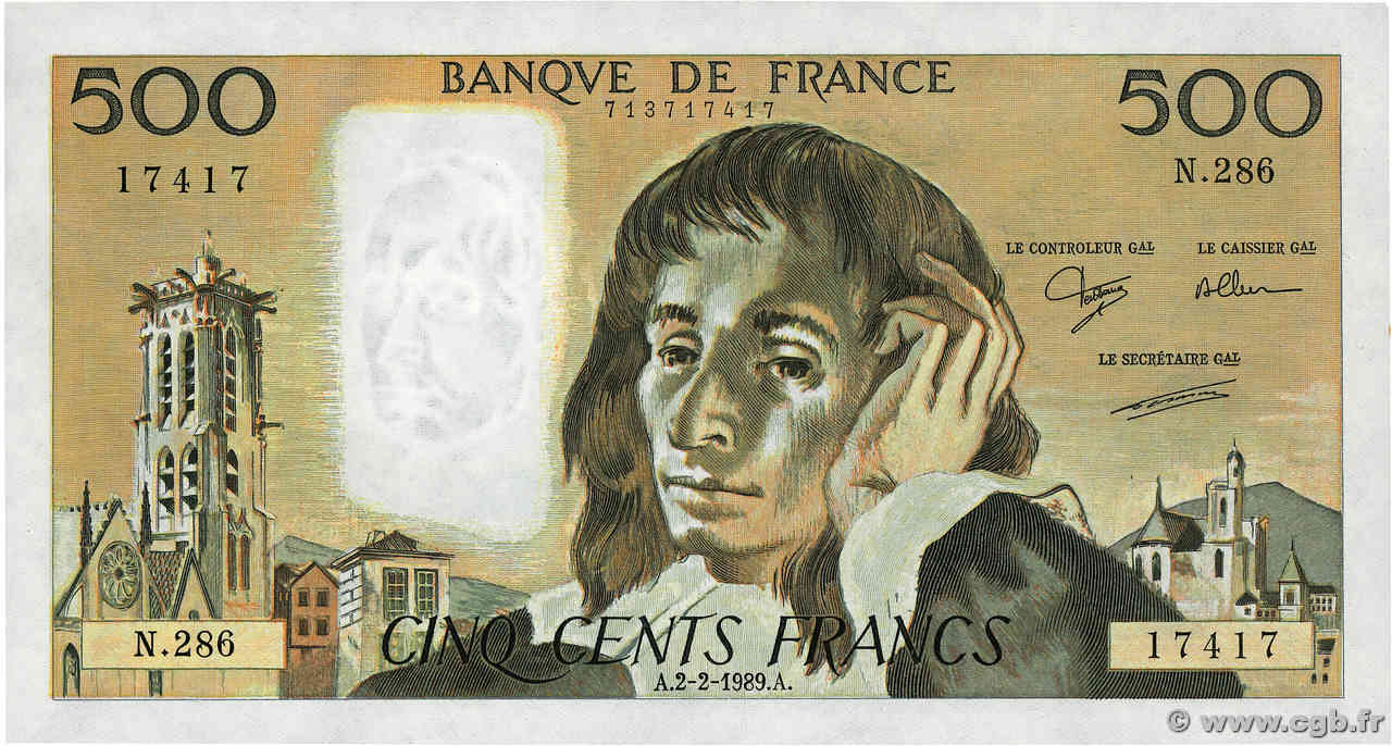 500 Francs PASCAL Numéro spécial FRANCIA  1989 F.71.40 AU+