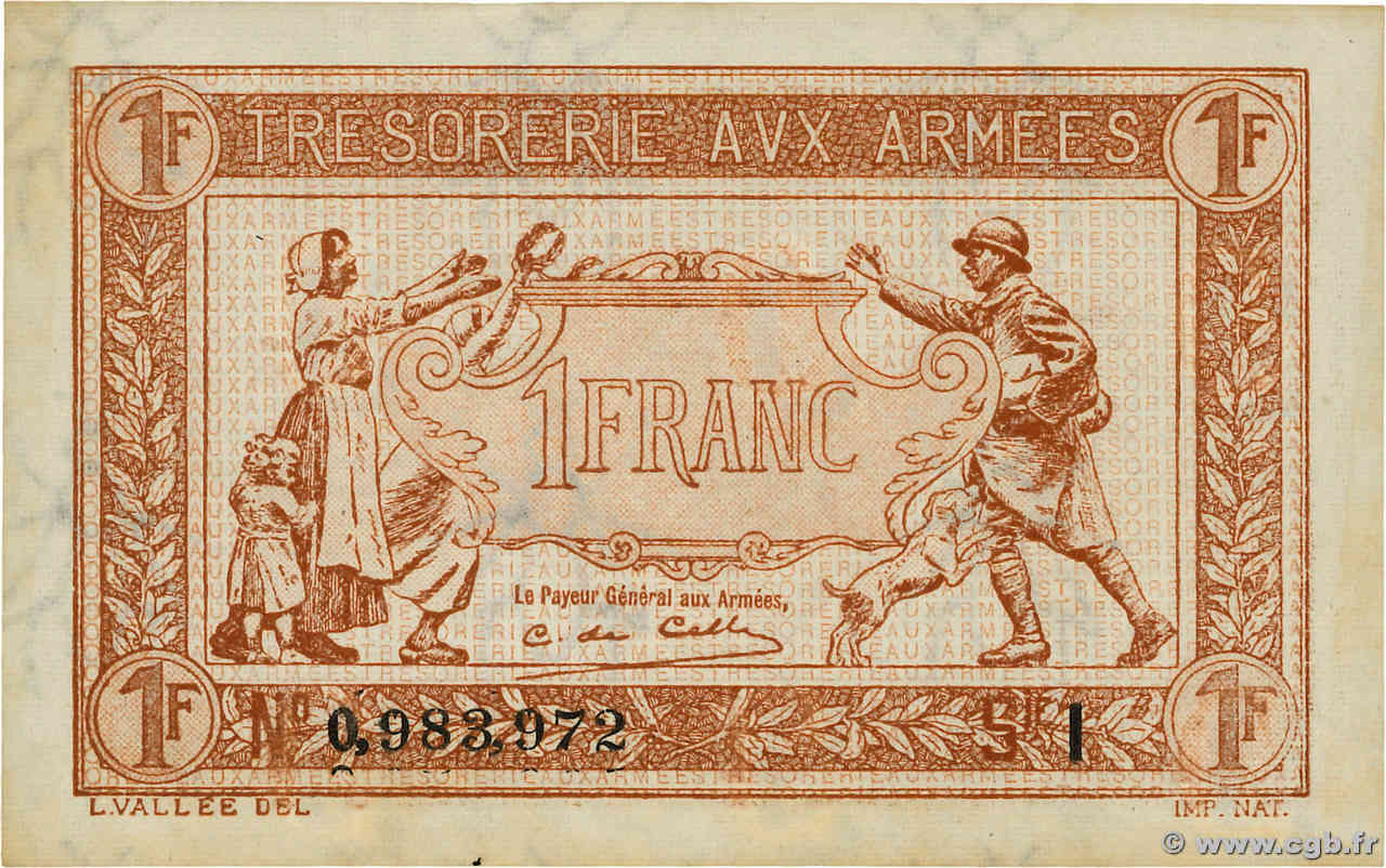 1 Franc TRÉSORERIE AUX ARMÉES 1917 FRANKREICH  1917 VF.03.09 fST