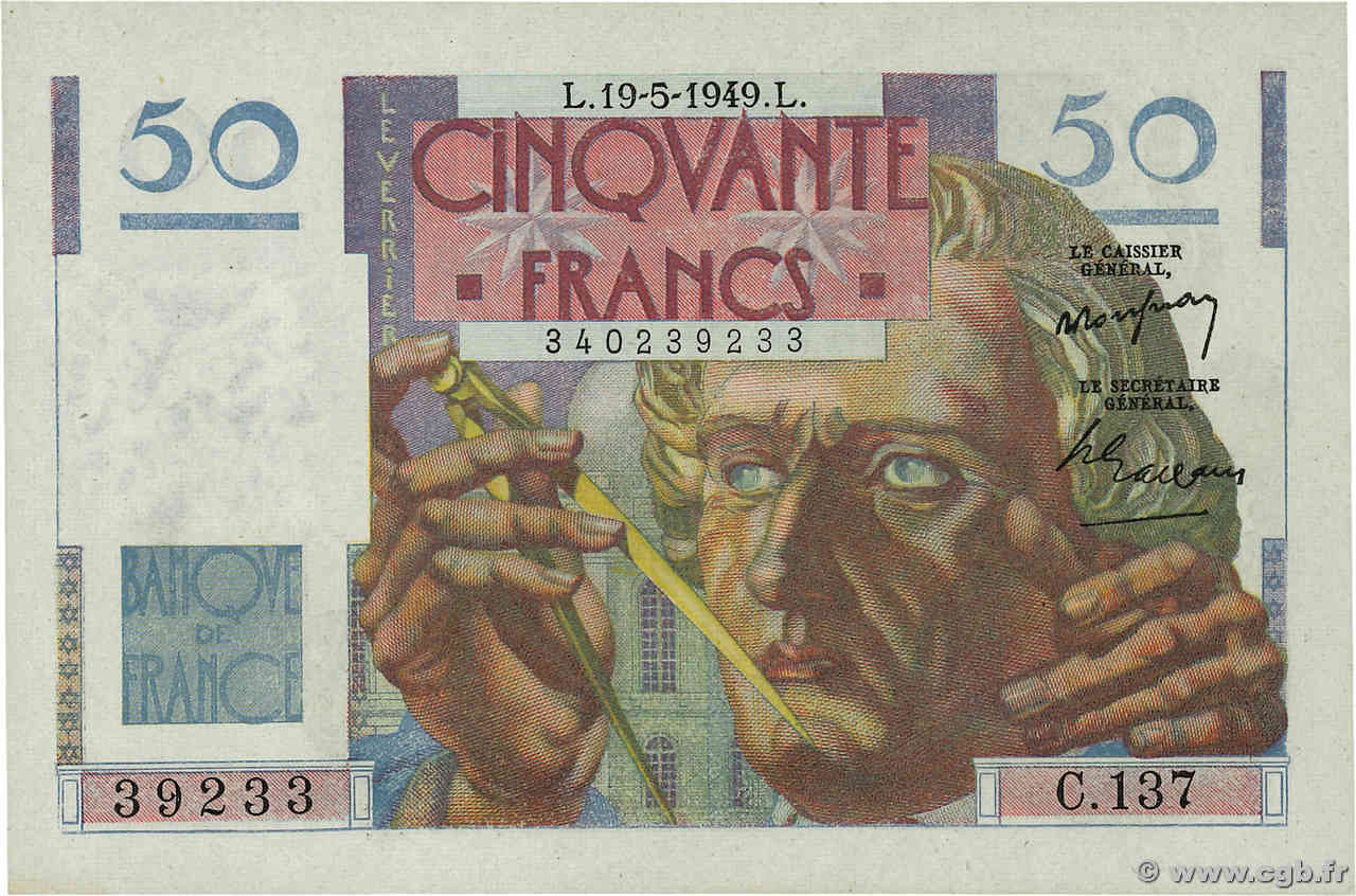 50 Francs LE VERRIER FRANCE  1949 F.20.12 XF