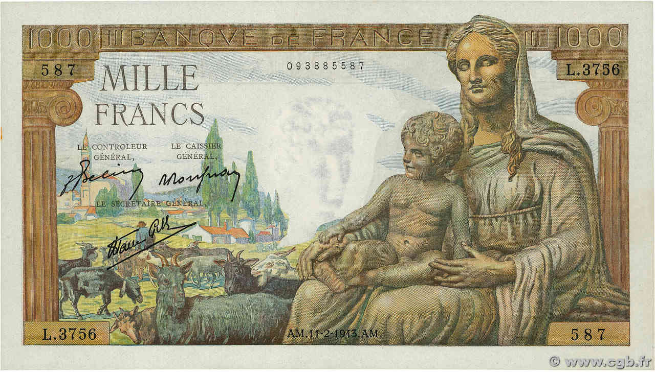 1000 Francs DÉESSE DÉMÉTER FRANKREICH  1943 F.40.18 fST