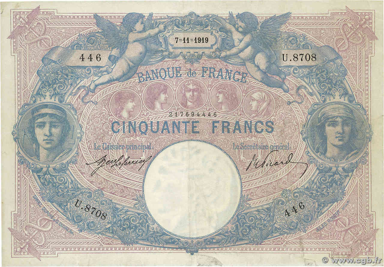 50 Francs BLEU ET ROSE FRANCIA  1919 F.14.32 MB