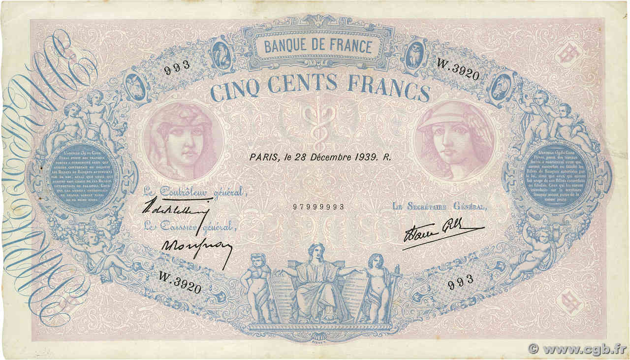 500 Francs BLEU ET ROSE modifié FRANCE  1939 F.31.54 TTB