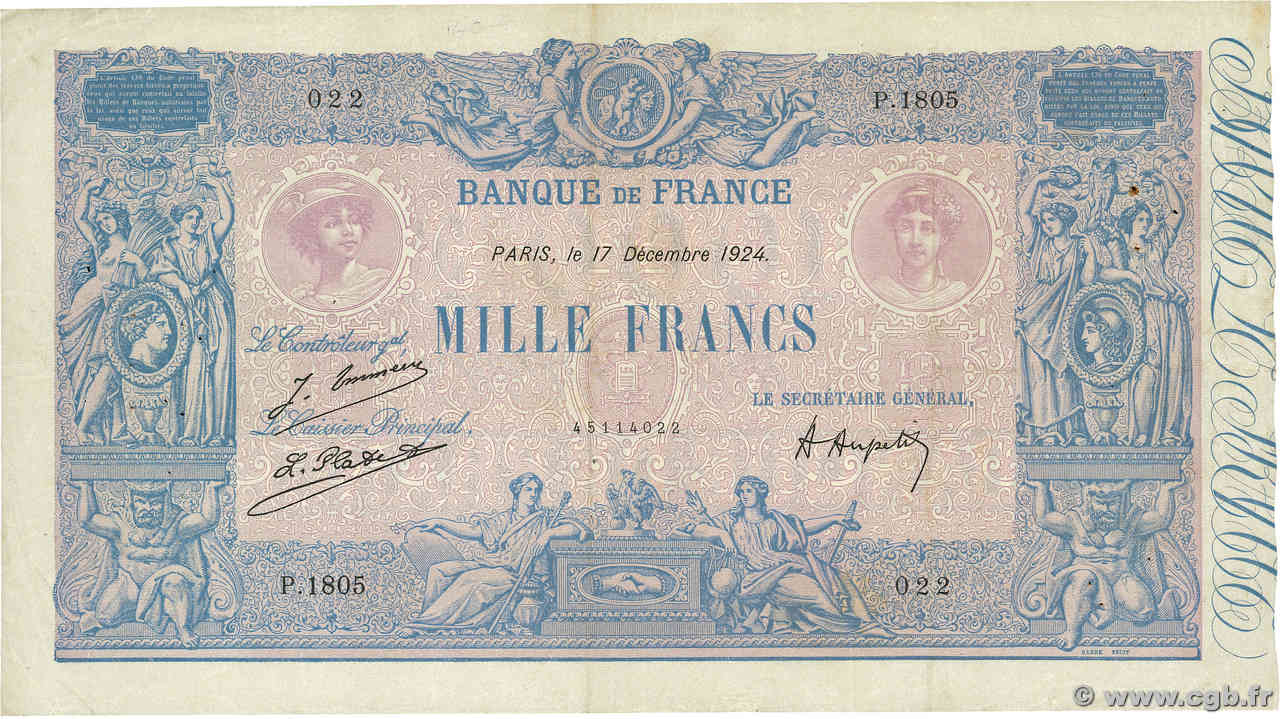 1000 Francs BLEU ET ROSE FRANCIA  1924 F.36.40 BC+