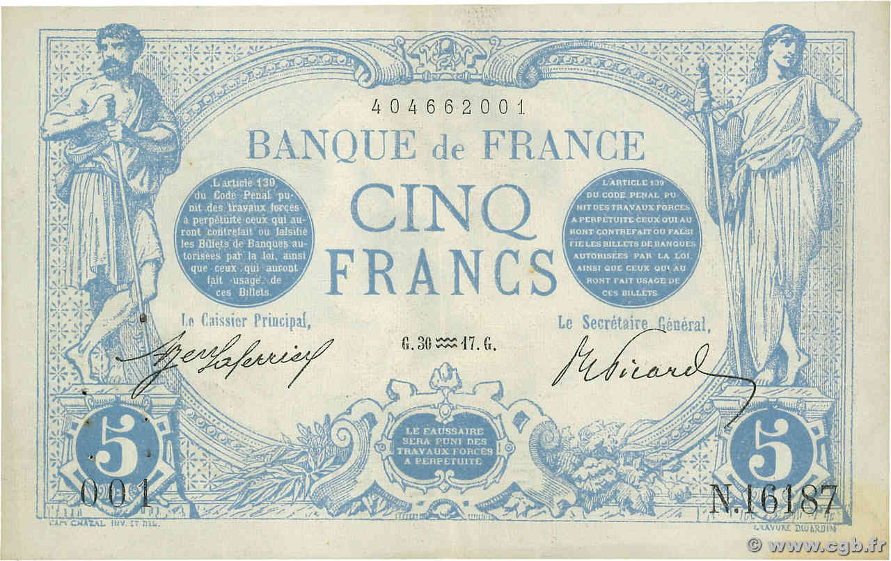 5 Francs BLEU Numéro spécial FRANKREICH  1917 F.02.47 fVZ