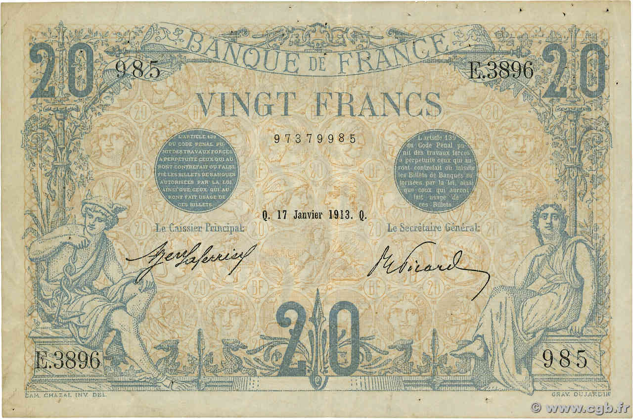 20 Francs BLEU FRANKREICH  1913 F.10.03 fSS