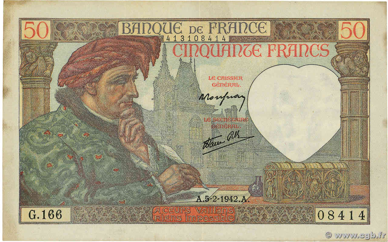 50 Francs JACQUES CŒUR FRANCE  1942 F.19.19 VF+