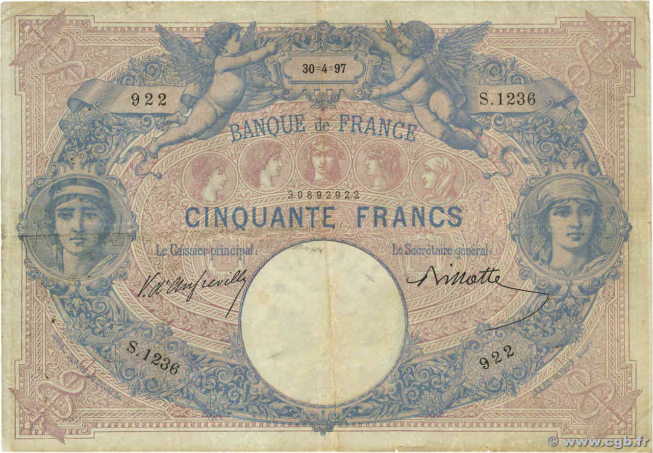 50 Francs BLEU ET ROSE FRANCE  1897 F.14.09 F