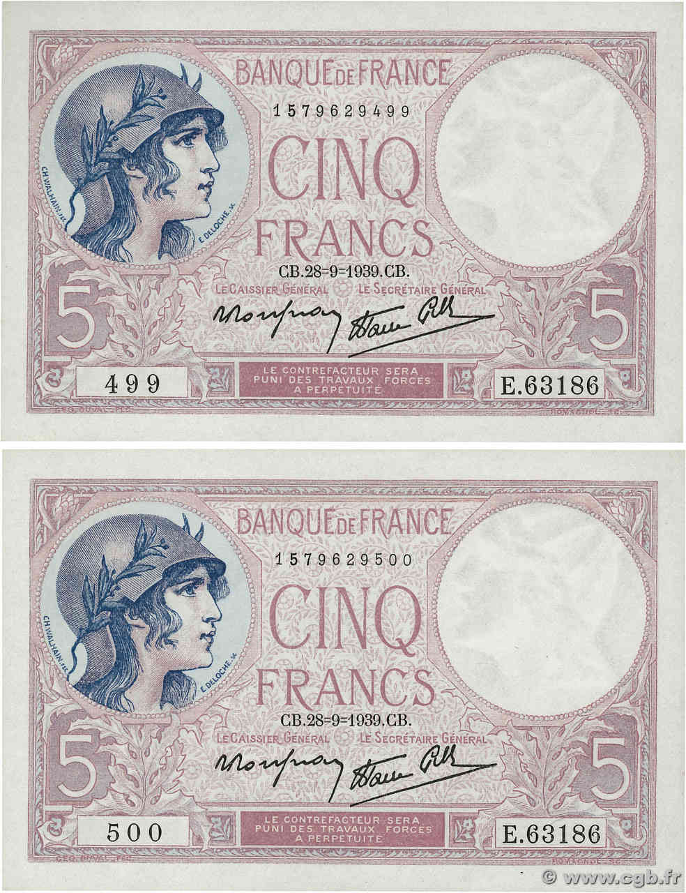 5 Francs FEMME CASQUÉE modifié Consécutifs FRANCIA  1939 F.04.10 q.FDC