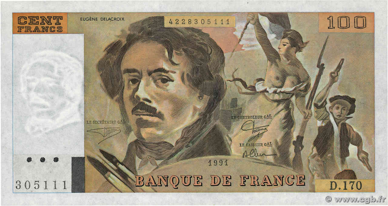 100 Francs DELACROIX imprimé en continu FRANCIA  1991 F.69bis.03a1a FDC