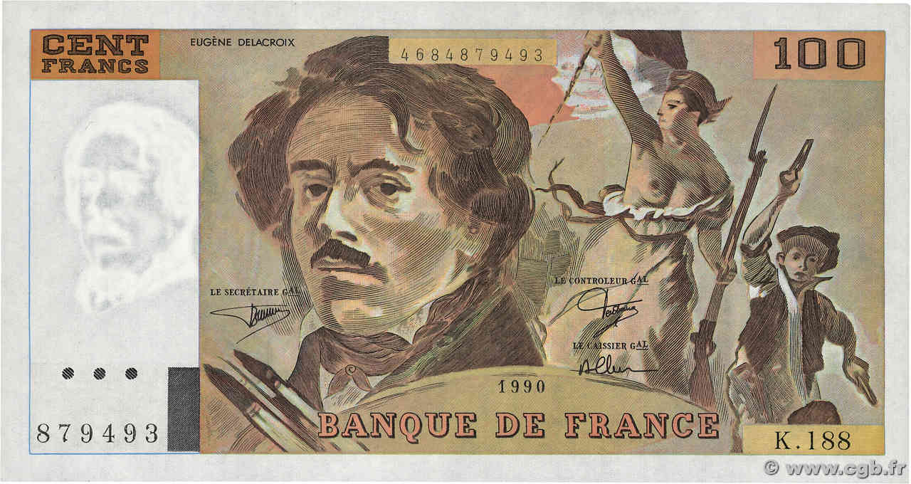 100 Francs DELACROIX imprimé en continu FRANCIA  1990 F.69bis.02e1 FDC