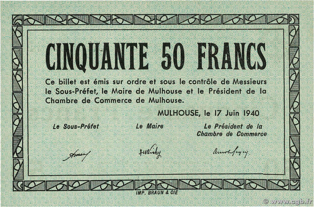 50 Francs FRANCE Regionalismus und verschiedenen Mulhouse 1940 BU.52.01 fST+