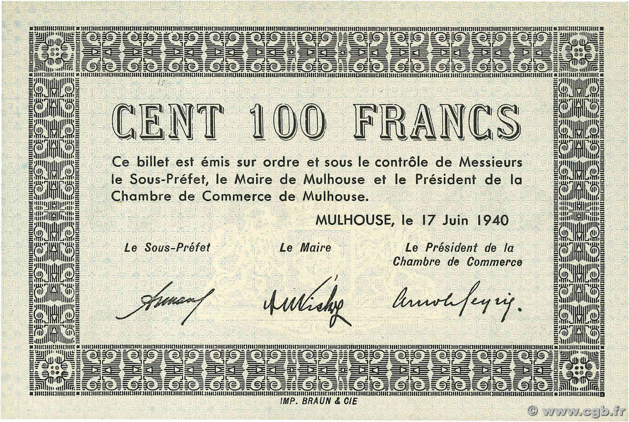 100 Francs FRANCE regionalismo e varie Mulhouse 1940 BU.53.02 q.FDC