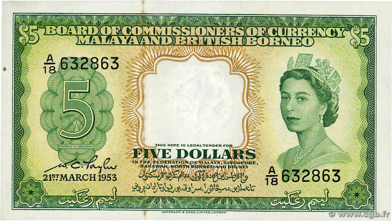 5 Dollars MALAISIE et BORNEO BRITANNIQUE  1953 P.02a SPL