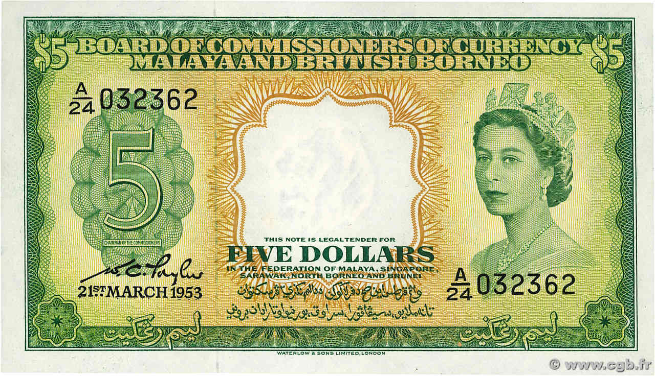 5 Dollars MALAYA and BRITISH BORNEO  1953 P.02a AU+