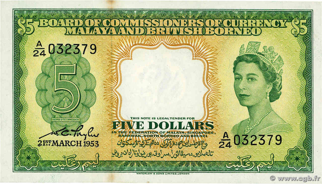 5 Dollars MALAYA e BRITISH BORNEO  1953 P.02a AU+