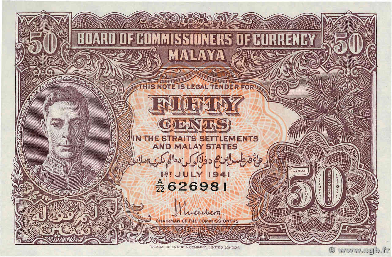 50 Cents MALAYA  1941 P.10b SC+