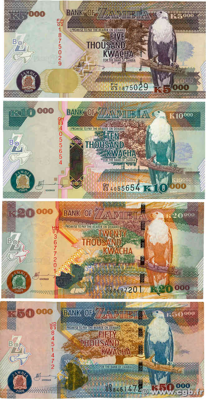 2000 à 50000 Kwacha Lot ZAMBIE  2008 P.45e,P.46e, P.47e et  P.48d TTB