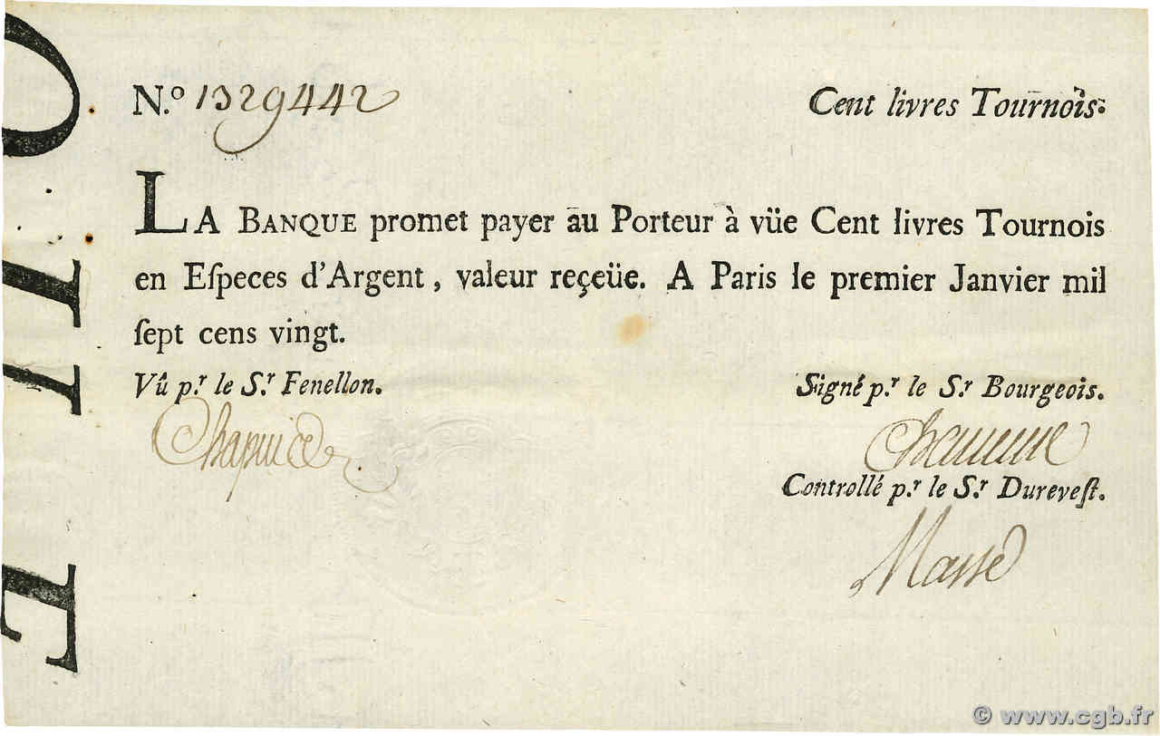 100 Livres Tournois typographié FRANCE  1720 Dor.26 TTB+