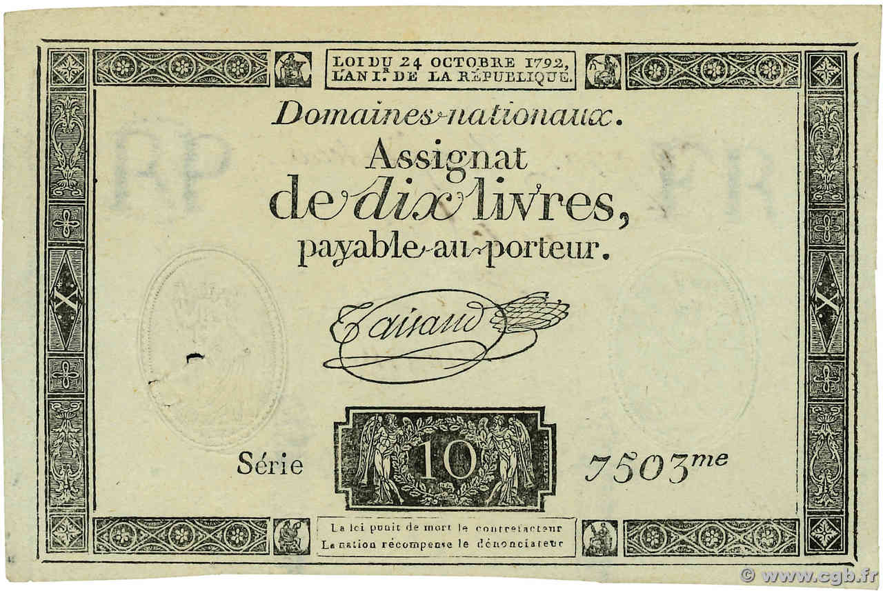 10 Livres filigrane républicain Vérificateur FRANCE  1792 Ass.36v XF