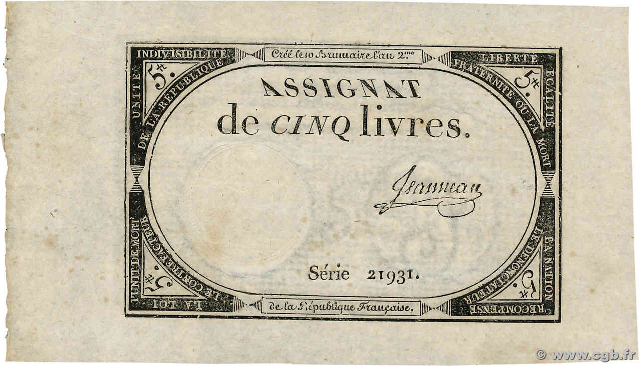 5 Livres FRANCE  1793 Ass.46a SPL