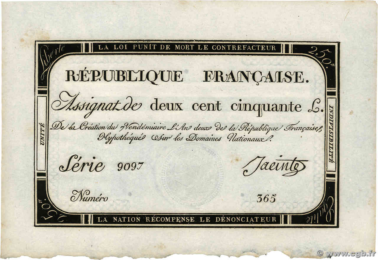 250 Livres FRANKREICH  1793 Ass.45a fST+