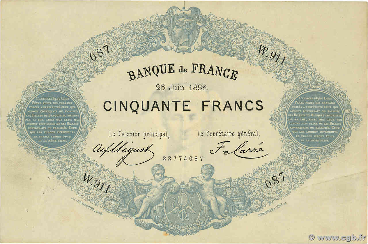 50 Francs type 1868 - Bleu à indices Noirs FRANCE  1882 F.A38.12 SUP