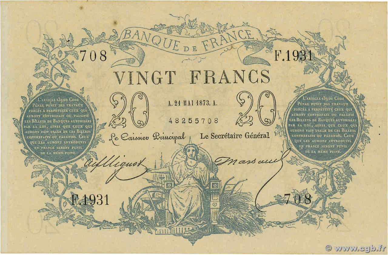 20 Francs type 1871 - Bleu FRANCE  1873 F.A46.04 pr.SPL