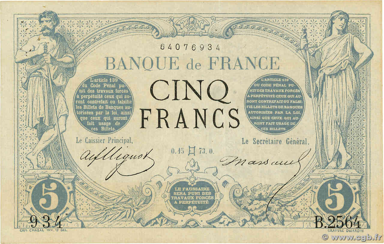 5 Francs NOIR FRANKREICH  1873 F.01.18 fVZ